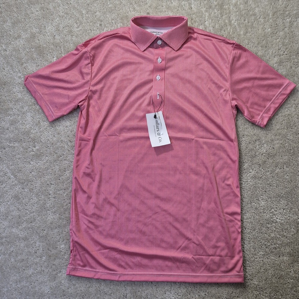 Collars And Co Dress Collar Polo Shirt Mens Small Pink Houndstooth Stretch Golf - Picture 2 of 8